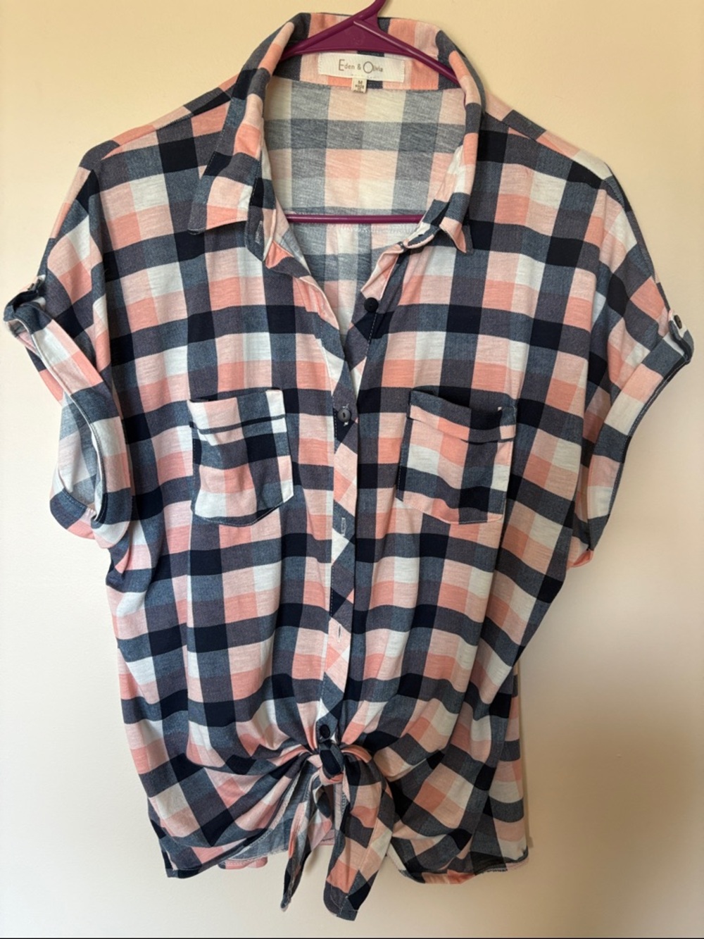Eden & Olivia Navy and Pink Plaid Tie-Front Button-Down Shirt